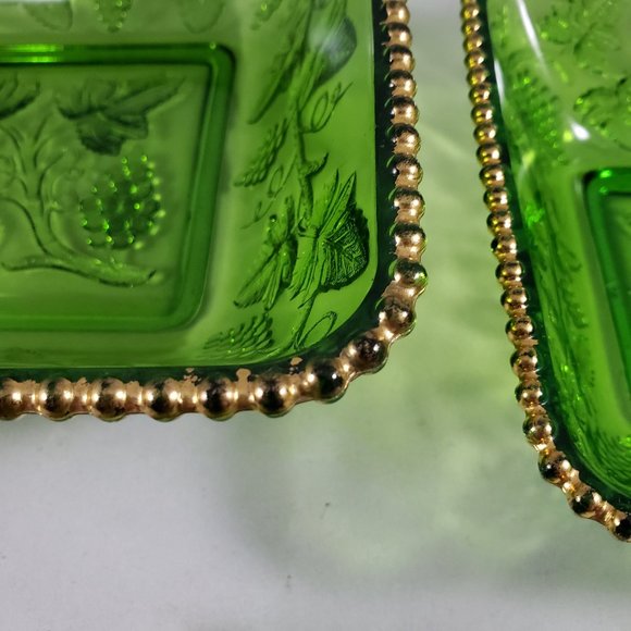 EAPG US Glass Emerald Green Beaded Grape "California" Square Bowl Set ca. 1899 - Picture 7 of 8